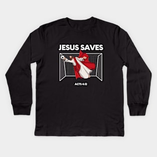 Jesus saves! funny meme white text Kids Long Sleeve T-Shirt